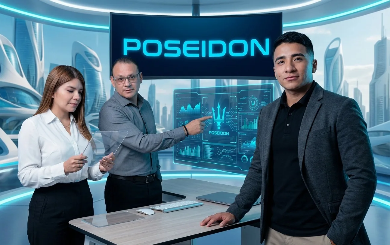 El equipo de Poseidón frente a una pantalla con el logo y un panel de datos
